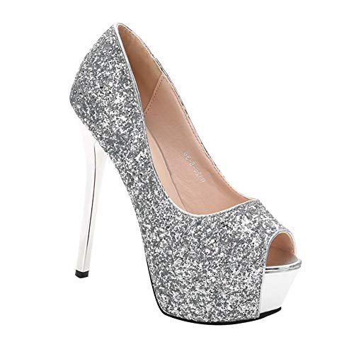 Xiedeai Mujer Peep Toe High Heels Zapatos de Tacón - Plataforma Stiletto Fiesta Club Elegante Diamantes de Imitación Boda Plateau Pumps Plateado 36 (Los Zapatos Son Más Pequeños)