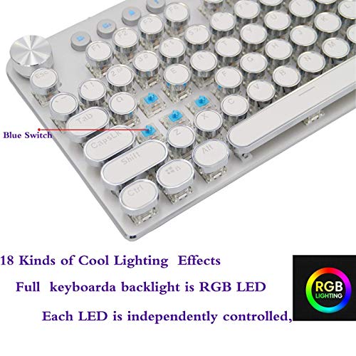 XIUYU Teclado mecánico Retro Bluetooth Wireless/Wired Juego Multi-Dispositivo Teclado-Azul-Interruptor de luz Trasera LED-87 Caps Claves de Ronda for PC/Mac/iPad/IPH/Smartph/Ordenador portátil (