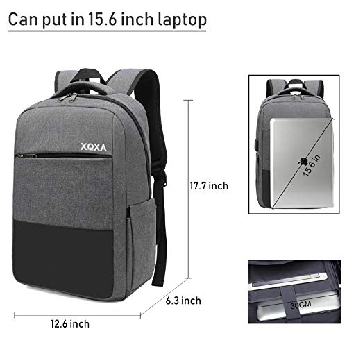 XQXA Mochila Unisex Impermeable para Ordenador Portátil de hasta 15.6 Pulgadas, con Puerto USB, Conector para Auriculares y Bolsillo Antirrobo. para los Estudios, Viajes o Trabajo - Gris