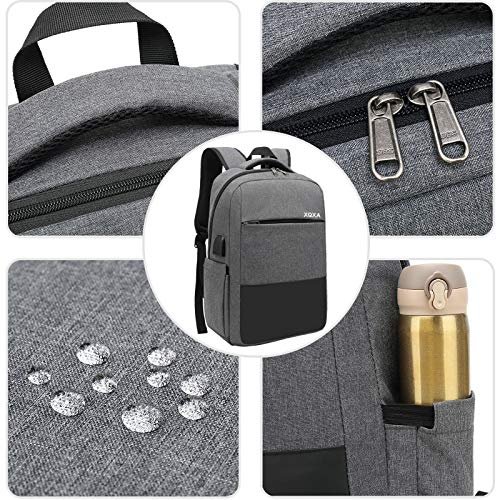 XQXA Mochila Unisex Impermeable para Ordenador Portátil de hasta 15.6 Pulgadas, con Puerto USB, Conector para Auriculares y Bolsillo Antirrobo. para los Estudios, Viajes o Trabajo - Gris