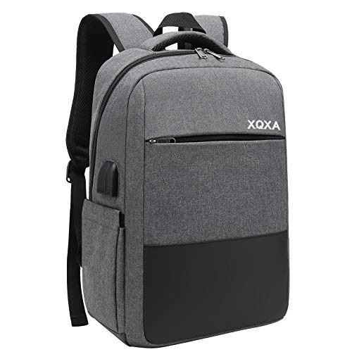 XQXA Mochila Unisex Impermeable para Ordenador Portátil de hasta 15.6 Pulgadas, con Puerto USB, Conector para Auriculares y Bolsillo Antirrobo. para los Estudios, Viajes o Trabajo - Gris