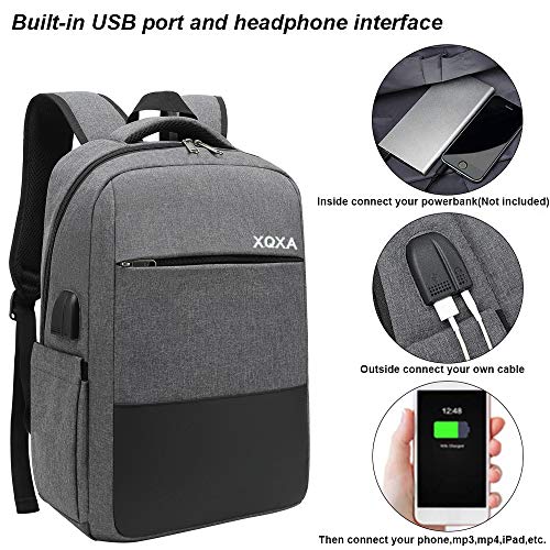 XQXA Mochila Unisex Impermeable para Ordenador Portátil de hasta 15.6 Pulgadas, con Puerto USB, Conector para Auriculares y Bolsillo Antirrobo. para los Estudios, Viajes o Trabajo - Gris