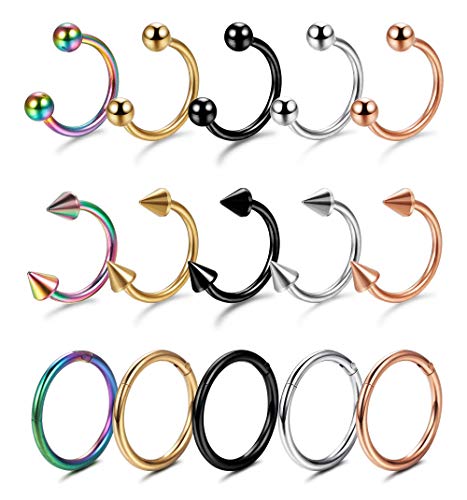 YADOCA 15 Piezas 1.2 mm Set de Acero Inoxidable Piercing Colores Mujer Nariz Piercing Herradura Anillos Labret Piercing Clicker Septum Labio Anillo Aro Helix Cartílago Tragus 8mm 10mm