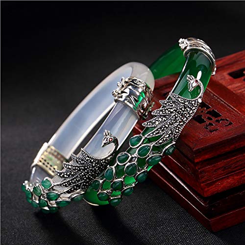 Yajun Pulsera De Jade Silver Animal Peacock Chalcedony 925 Brazaletes De Plata Esterlina para Mujer Pulsera Creativa Joyería,White