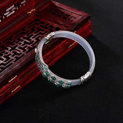 Yajun Pulsera De Jade Silver Animal Peacock Chalcedony 925 Brazaletes De Plata Esterlina para Mujer Pulsera Creativa Joyería,White