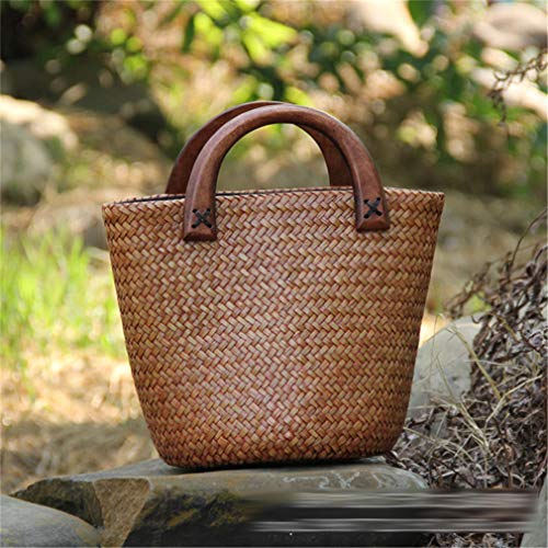 YAOXI Bolsos De Ratán para Mujer, Mango De Madera Hecho A Mano Bolsa De Paja Bolsos Tejidos Vintage Bolsa De Vacaciones Junto Al Mar Bolso Cubo De Ratán,S