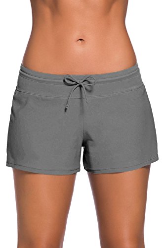 Yavero Shorts de Baño Mujer Bañador Short Deportes Acuáticos Shorts de Natación Secado Rápido Bikini Short Cortos con Cordón Ajustables Gris M