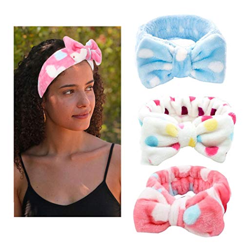 Yean - Cinta elástica para el pelo, diseño de lazo, color blanco, para maquillaje, ducha, spa, yoga, deportes, (3 unidades)