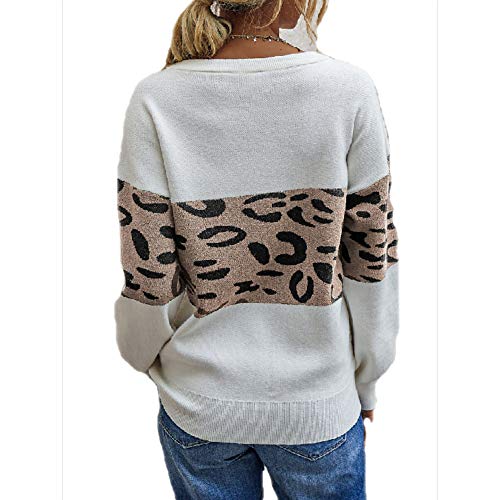 YELVQI Las Fibras de Punto básico Leopardo suéter de acrílico de la Mujer de Manga Larga de Cuello Redondo suéter de Las Rebecas de Otoño-Invierno Negro Ejército Verde Caqui