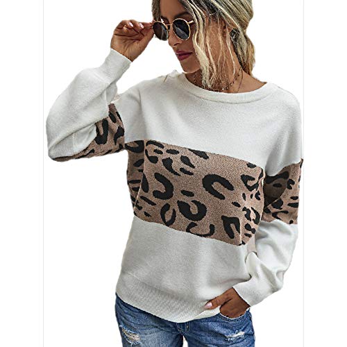 YELVQI Las Fibras de Punto básico Leopardo suéter de acrílico de la Mujer de Manga Larga de Cuello Redondo suéter de Las Rebecas de Otoño-Invierno Negro Ejército Verde Caqui