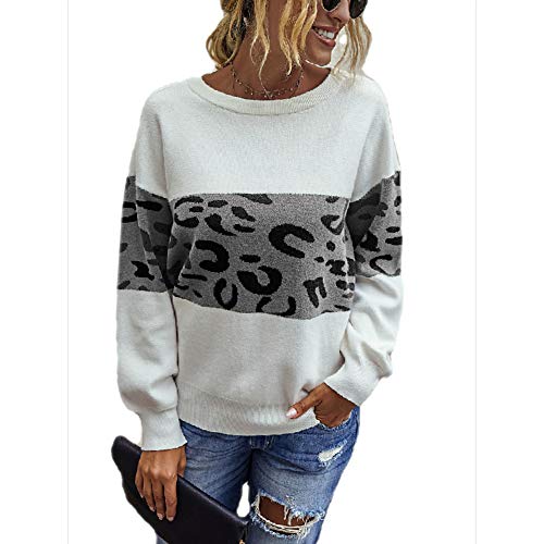 YELVQI Las Fibras de Punto básico Leopardo suéter de acrílico de la Mujer de Manga Larga de Cuello Redondo suéter de Las Rebecas de Otoño-Invierno Negro Ejército Verde Caqui