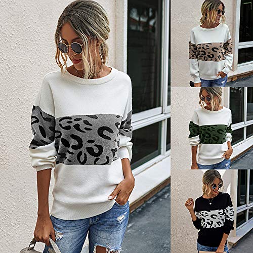 YELVQI Las Fibras de Punto básico Leopardo suéter de acrílico de la Mujer de Manga Larga de Cuello Redondo suéter de Las Rebecas de Otoño-Invierno Negro Ejército Verde Caqui