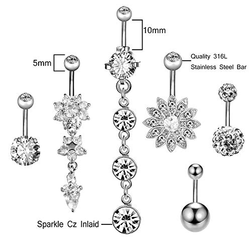 YHmall 6 Piezas Piercing Ombligo Acero Quirurgico, Pendiente Ombligo Corto Plata y Oro Rosa para Mujer