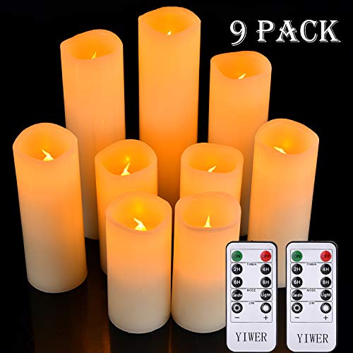 YIWER LED Velas sin Llama 4"5" 6"7" 8"9" Juego de 9 Pilas de Cera Real no de plástico 10 Teclas con 2/4/6/8 Horas Función del Temporizador 300+ Horas (9x1, Marfil)