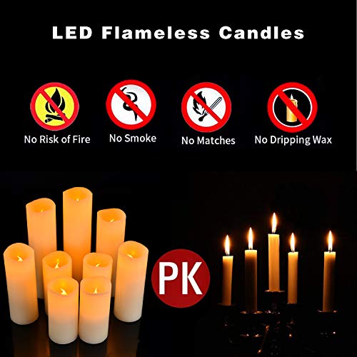 YIWER LED Velas sin Llama 4"5" 6"7" 8"9" Juego de 9 Pilas de Cera Real no de plástico 10 Teclas con 2/4/6/8 Horas Función del Temporizador 300+ Horas (9x1, Marfil)