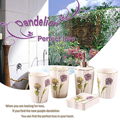 YLCJ El Juego de Accesorios para baño, 5 Piezas de Accesorios de baño de Diente de león de cerámica Incluye dispensador de jabón líquido/jabonera/portacepillos de Dientes/Vaso
