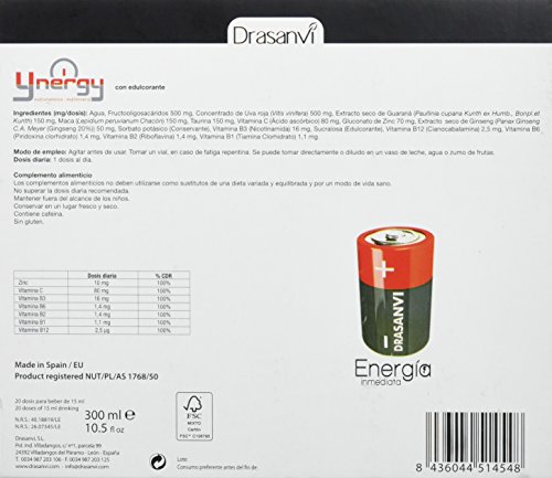 Ynergy Energía Inmediata 20 viales x 15 ml con Maca, Ginseng, Guaraná, Vitaminas y Minerales Drasanvi