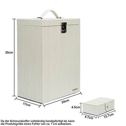 Yorbay Caja Joyero Bloqueable, Caja de joyería de Viaje Mini, Estuche de 7 Capas, para Pendientes, Pulseras, Anillos, Almacenamiento y Expositor, Regalo,Rayas Imitacion a Madera Blanco Reutilizable
