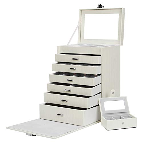 Yorbay Caja Joyero Bloqueable, Caja de joyería de Viaje Mini, Estuche de 7 Capas, para Pendientes, Pulseras, Anillos, Almacenamiento y Expositor, Regalo,Rayas Imitacion a Madera Blanco Reutilizable