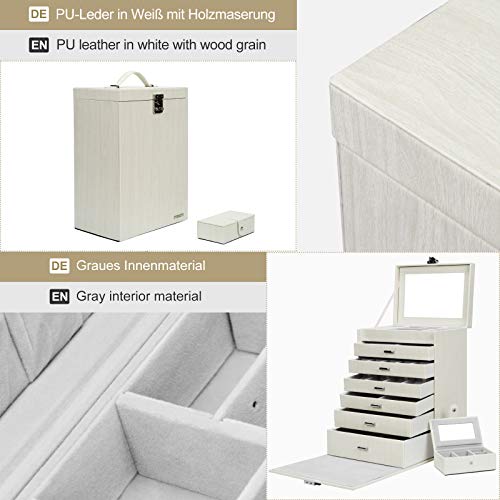 Yorbay Caja Joyero Bloqueable, Caja de joyería de Viaje Mini, Estuche de 7 Capas, para Pendientes, Pulseras, Anillos, Almacenamiento y Expositor, Regalo,Rayas Imitacion a Madera Blanco Reutilizable