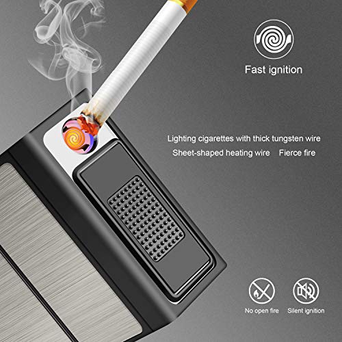 Yosemy Caja de Cigarrillo con Encendedor Cigarette Case de Aluminio Caja Cigarrillo con Mechero USB Recargable Pitillera para Mujer y Hombre, Negro