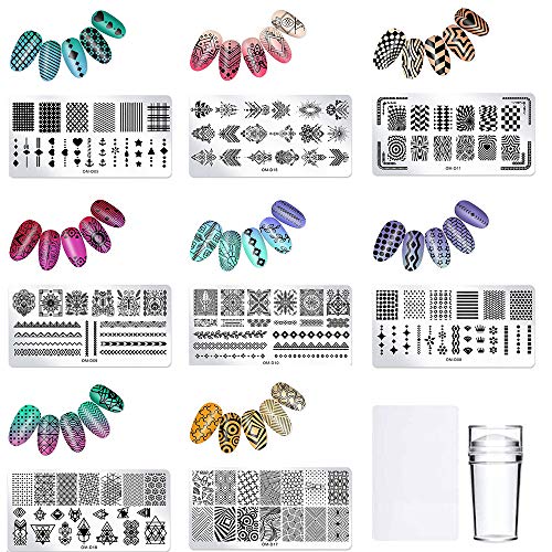 YUECUTE Nail Art Stamping Tool Kit Manicura Herramienta 8pcs Nail Stamping Placas 1 Stamper 1 Raspador Plantillas Estampación Kit DIY Impresión Manicura Salón Diseño Flores Encaje Geométrico