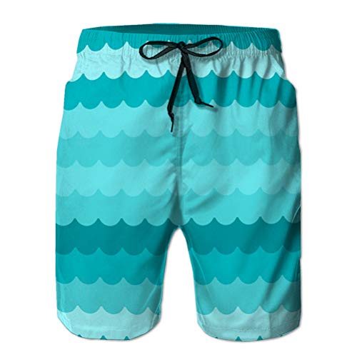 Yuerb Shorts de Playa de Secado rápido para Hombres Surf Nadar con Bolsillos Fondo de Olas Patrón de Onda Plana Azul Transparente repetido Decoración de mar de Dibujos Animados sin Problemas