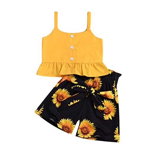 YWLINK Conjunto NiñA Correa Sin Mangas para NiñOs Color SóLido Chaleco con Frunce con Volantes Superior+Pantalones con Estampado De Arco De Girasol Mezcla De AlgodóN Linda(Amarillo,3-4 años/120)