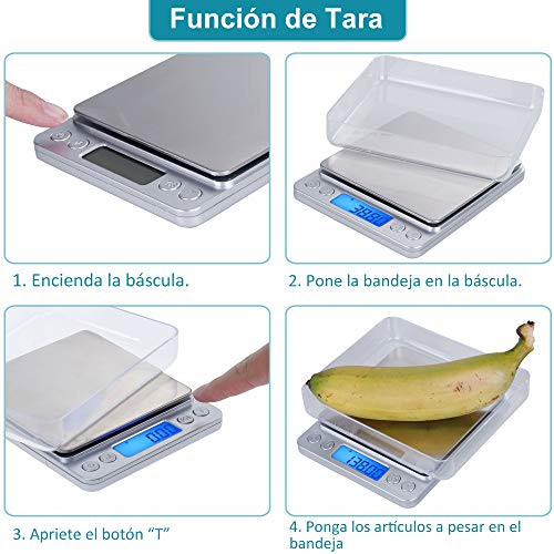 Zacro Báscula Cocina de Presisión Digitales,500g x 0.01g Báscula Balanzas de Alta Precisión,Balanzas Multifuncionales Pro Peso Cocina para Comidas,Joyería,Pantalla LCD,2 Bandejas y Baterías Incluidas