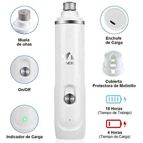 Zacro de Uñas Eléctrico para Mascotas Set, Recortadores Profesionales para Perros y Gatos,50 db Super Silencioso y Profesional de 2 Velocidades Recargable Cortauñas Perros.