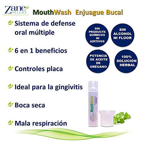 Zane Hellas MouthWash. Enjuague bucal con aceite de orégano.Ideal para la gingivitis, la placa, la boca seca y el mal aliento.Libre de alcohol y flúor.100% Herbal.Compre 3 +1 libre