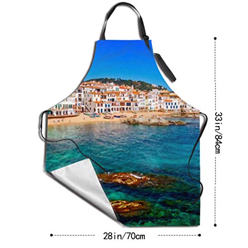 ZANSENG Delantal de Cocina con Paisaje Marino Calella De Palafrugell Cataluña Delantal Impermeable con Babero de Chef Ajustable con 2 Bolsillos para Hombres y Mujeres