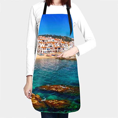 ZANSENG Delantal de Cocina con Paisaje Marino Calella De Palafrugell Cataluña Delantal Impermeable con Babero de Chef Ajustable con 2 Bolsillos para Hombres y Mujeres