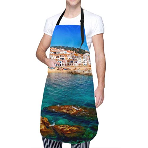 ZANSENG Delantal de Cocina con Paisaje Marino Calella De Palafrugell Cataluña Delantal Impermeable con Babero de Chef Ajustable con 2 Bolsillos para Hombres y Mujeres