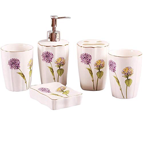 ZCXBHD Juego De Baño De Estilo Europeo Simple para El Hogar Juego De 5 Piezas De Diente De León De Cerámica Dispensador De Jabón/Portacepillos De Dientes/Vaso/Jabonera