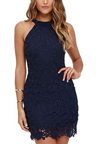 Zilcremo Mini Vestidos De Fiesta Sexis De Encaje Halter para Mujer Azul Marino XL