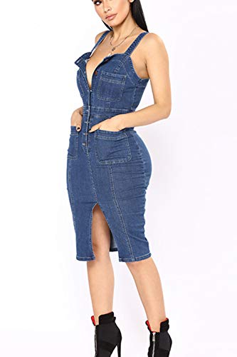 Zilcremo Vestidos Sexis De Mujer Vestido Midi Ceñido Al Cuerpo del Club Nocturno del Dril De Algodón De La Correa De Espagueti Azul XL