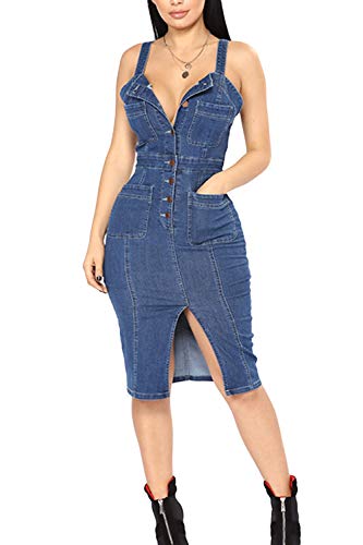 Zilcremo Vestidos Sexis De Mujer Vestido Midi Ceñido Al Cuerpo del Club Nocturno del Dril De Algodón De La Correa De Espagueti Azul XL