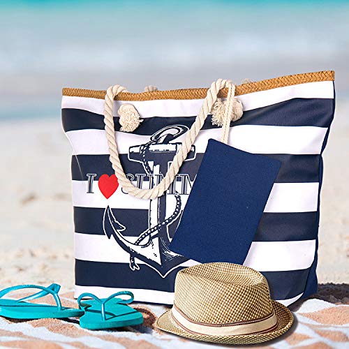 ZOEON Bolsa de Playa de Lona Mujer Grande Bolso de Mano Shopper Bolsa con Cremallera (Ancla45)