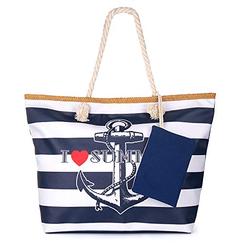 ZOEON Bolsa de Playa de Lona Mujer Grande Bolso de Mano Shopper Bolsa con Cremallera (Ancla45)