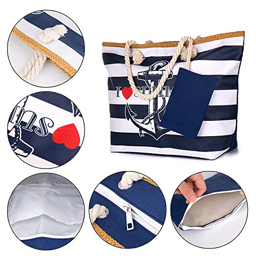 ZOEON Bolsa de Playa de Lona Mujer Grande Bolso de Mano Shopper Bolsa con Cremallera (Ancla45)