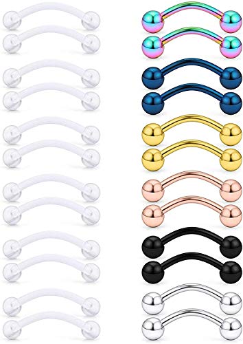 Zolure 14G Acrílico Transparente Piercing Ceja Bioflexia Acero Inoxidable Barra Curvados Piercing Pezón Lengua Retainers es 24 Piezas