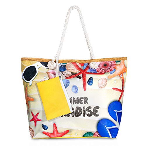 ZWOOS Bolsa de Playa de Lona Mujer Grande Bolso de Mano Shopper Bolsa con Cremallera (Paraíso de verano)
