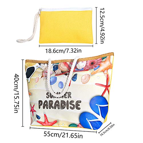 ZWOOS Bolsa de Playa de Lona Mujer Grande Bolso de Mano Shopper Bolsa con Cremallera (Paraíso de verano)