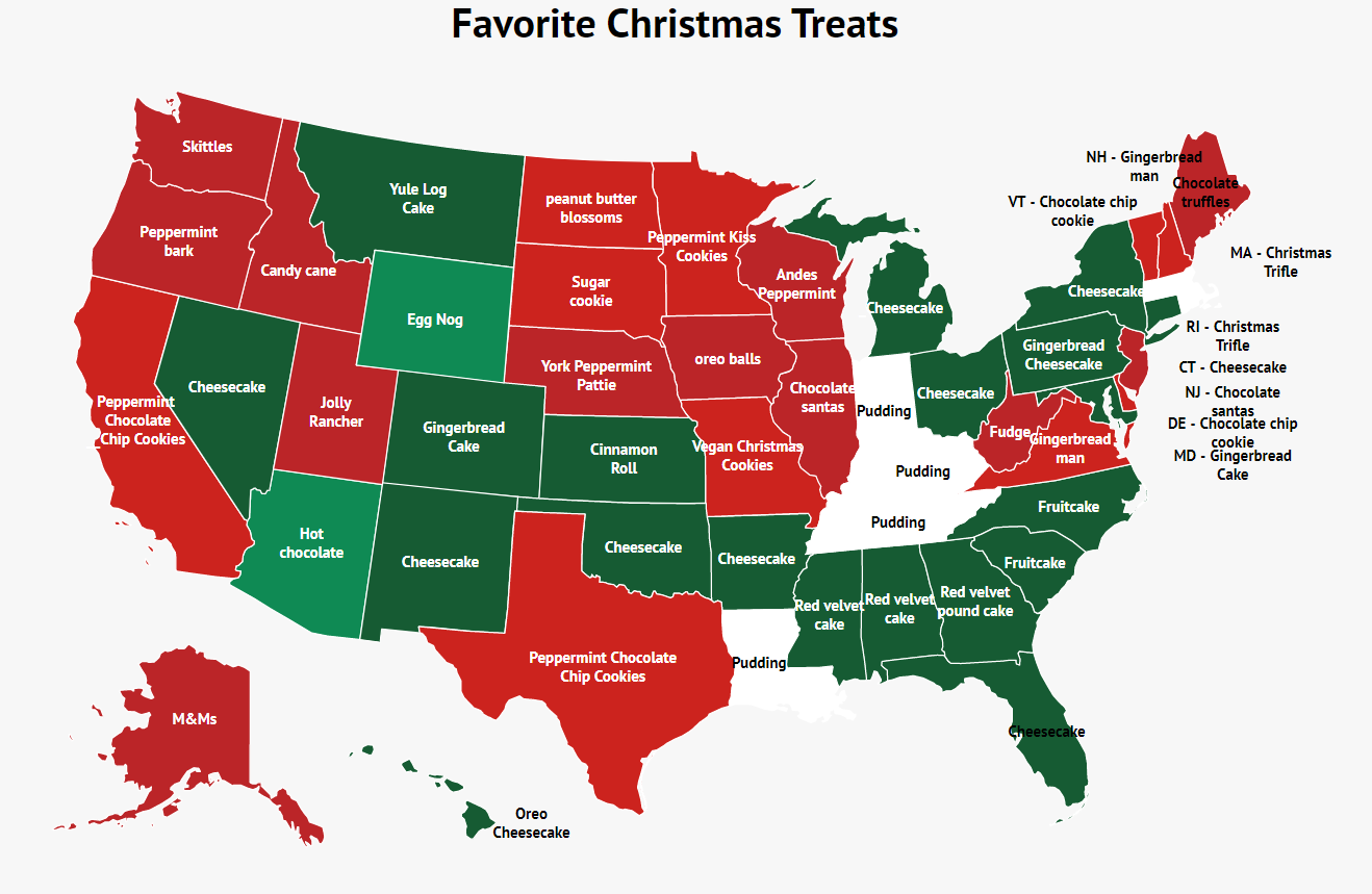 Este mapa muestra los postres navideños favoritos de la gente por estado