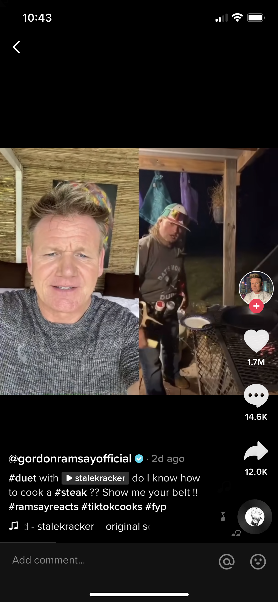 Gordon Ramsay reaccionó a un TikTok de alguien que asaba bistecs usando un cinturón lleno de condimentos