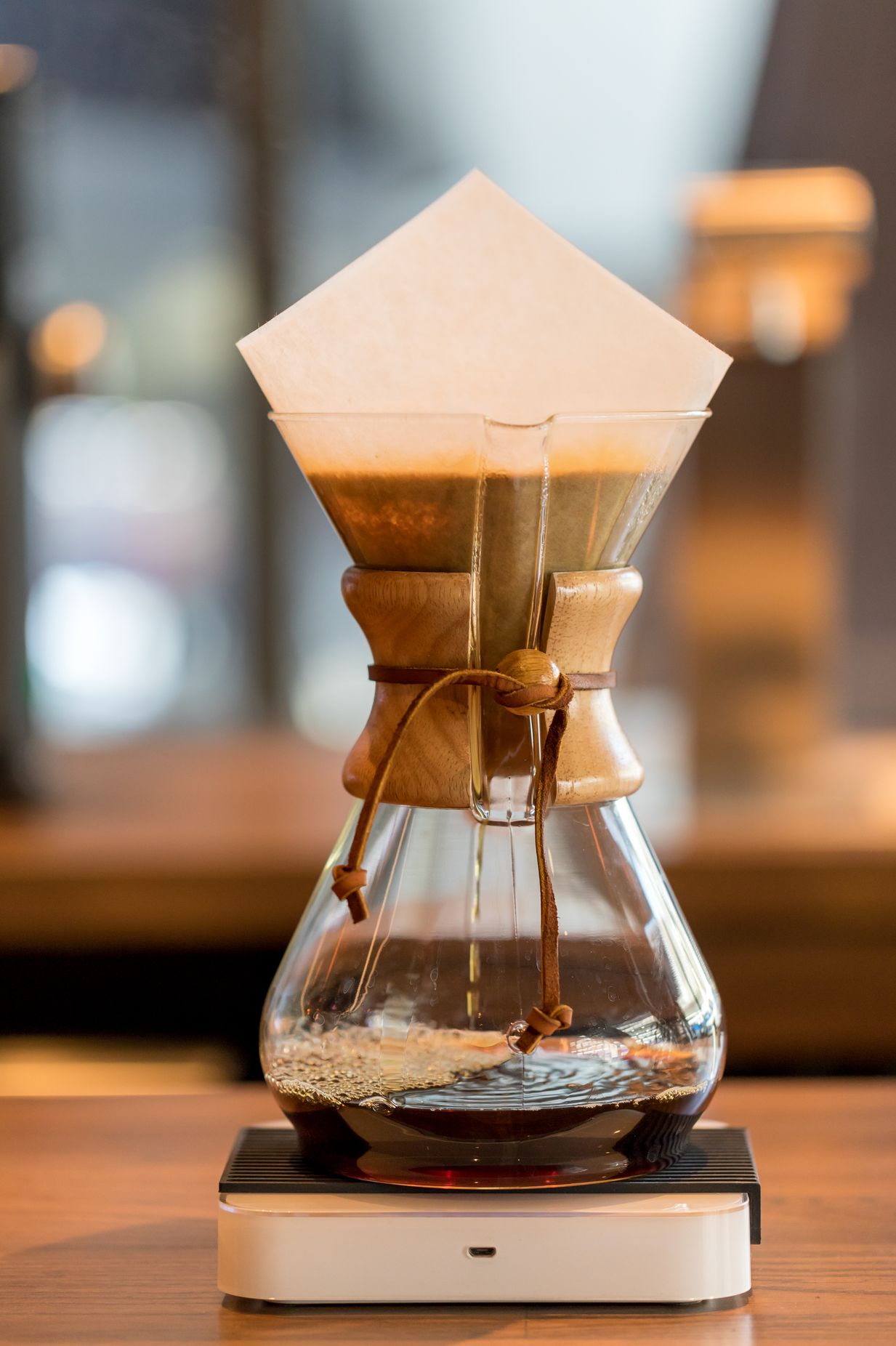 bangkok, thailand jan 18, 2018 brewing third wave coffee with chemex glass in the coffee shop chemex coffeemaker is a manual, pour over style glass container coffeemaker