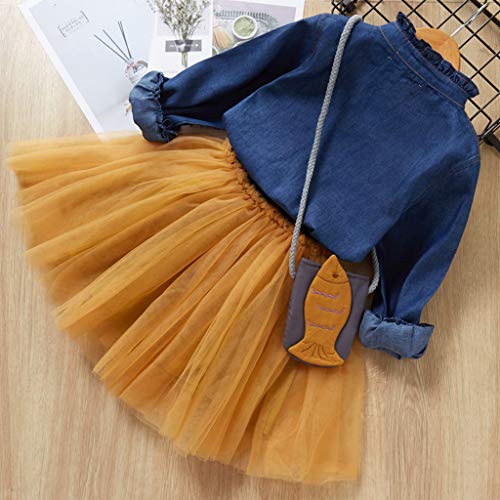 2-7 Años,SO-buts Pequeños Bebé Niña Otoño Invierno Falda De Tul + Botón De Manga Larga Camiseta Vaquera + Bolso Trajes De Princesa Conjunto Vestidos De Novia De Fiesta (Amarillo,6-7 años)