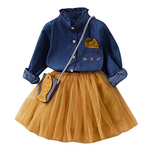 2-7 Años,SO-buts Pequeños Bebé Niña Otoño Invierno Falda De Tul + Botón De Manga Larga Camiseta Vaquera + Bolso Trajes De Princesa Conjunto Vestidos De Novia De Fiesta (Amarillo,6-7 años)