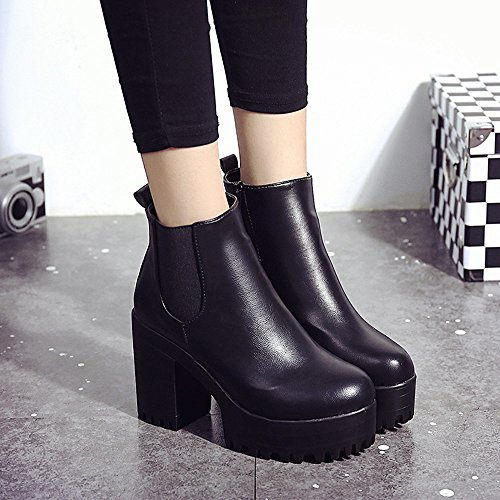 2018 Invierno Mujer Botines Tacon Alto Plataforma Zapatos Botas Martin de Cabeza Redonda (35 EU, Negro)